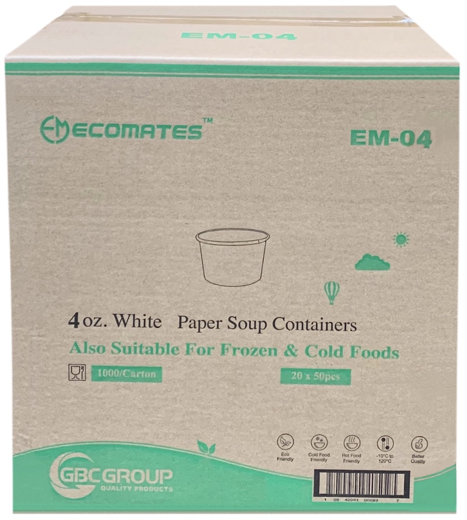 EM-04, 4oz White Paper Containers (1000PC) Ecomates