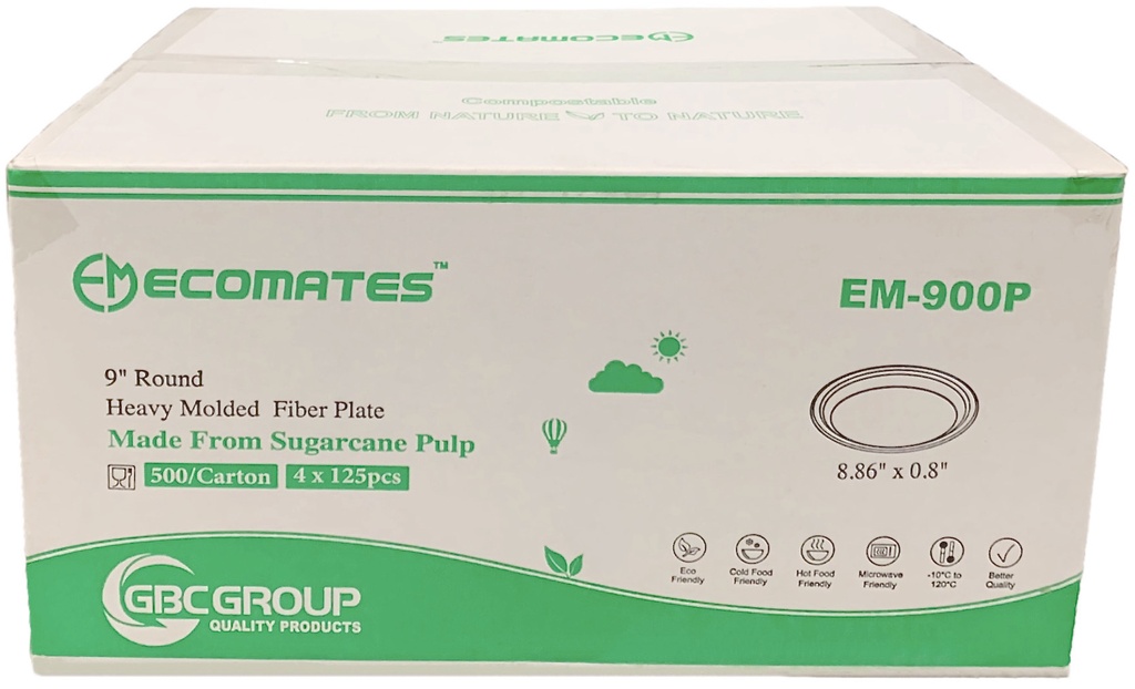 EM-900P, 9" Round Fiber Plates (500 PC) Ecomates