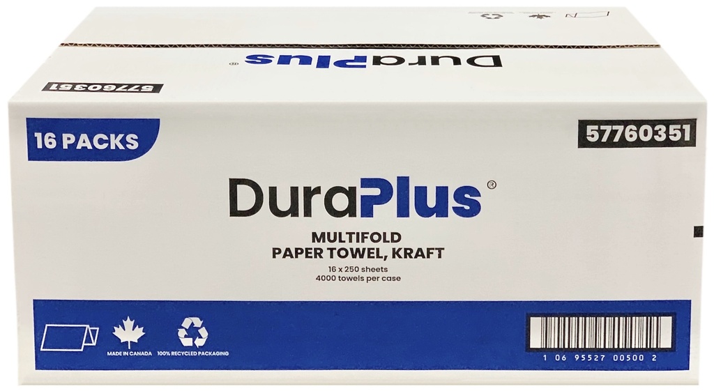 57760351, 9" Kraft Multifold Towels (16x250 PC) Dura Plus