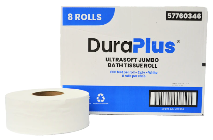 57760346, 2 Ply Jumbo Bath Tissue Roll (8x600 ft) Dura Plus