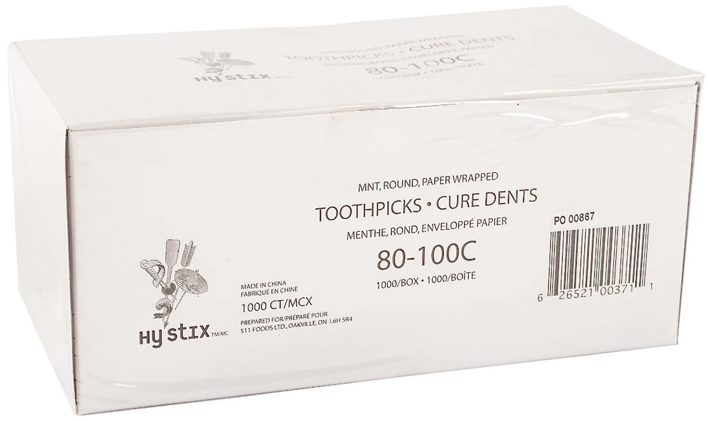80-100C, Mint/Round/Paper Wrapped Toothpicks (1000 PC) Hy Stix