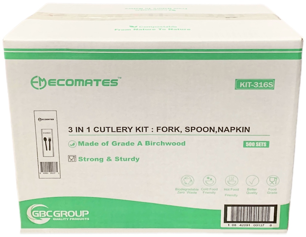 KIT-316S, 3-Piece Wooden Cutlery Kits (500 SET) Ecomates (fork,spoon and napkin)