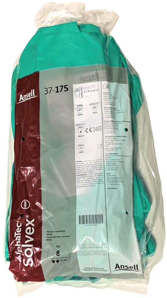 37-175, (M) Size 8 Green Gloves (12 PR) Ansell Alphatec Solvex
