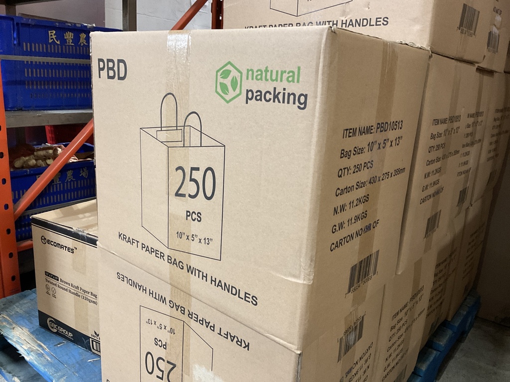PBD10513, Brown Kraft Bags w/ Handle (250 PC) Natural Packing