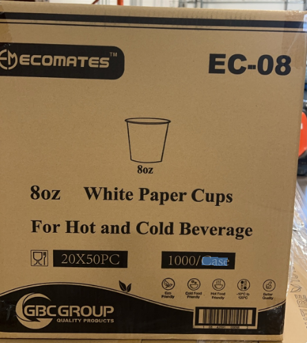 EC-08, 8 oz White Paper Cups (20x50 PC) Ecomates