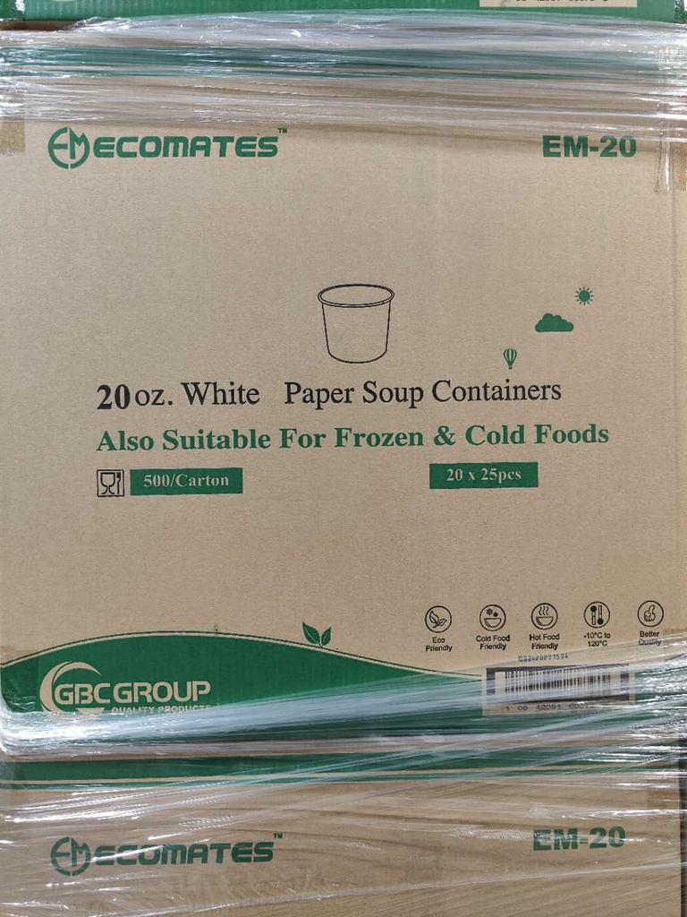 EM-20, 20oz White Paper Soup Containers (500 PC) Ecomates