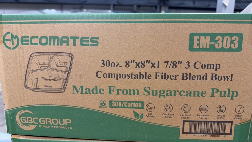 EM-303, 8"x8"x1 7/8" 3 Compostable Fiber Blend Bowl (300PC) Ecomates