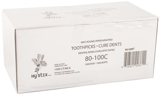[*76501] 80-100C, Mint/Round/Paper Wrapped Toothpicks (1000 PC) Hy Stix