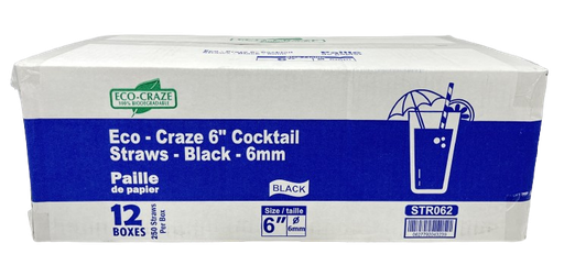 [*76320] STR062 6" Cocktail Paper Straws Black, (12x250) Eco-Craze
