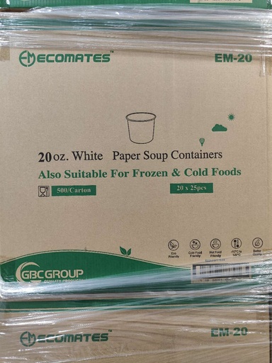 [*84827] EM-20, 20oz White Paper Soup Containers (500 PC) Ecomates